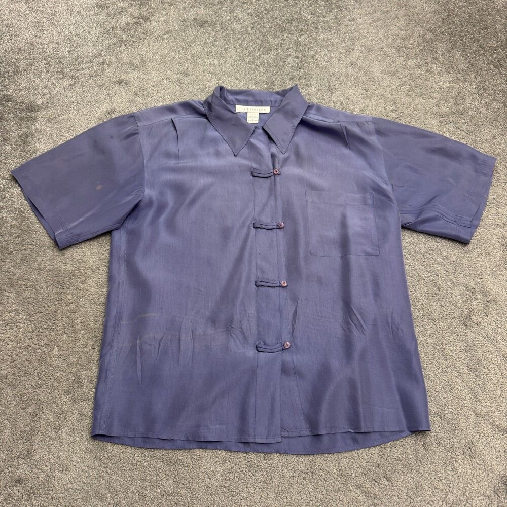 The Limited Silk Frog Button Up Short Sleeve Shirt Womens Medium Blue Pocket Top